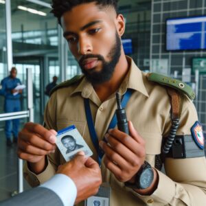 Security guards checking identification at an entrance