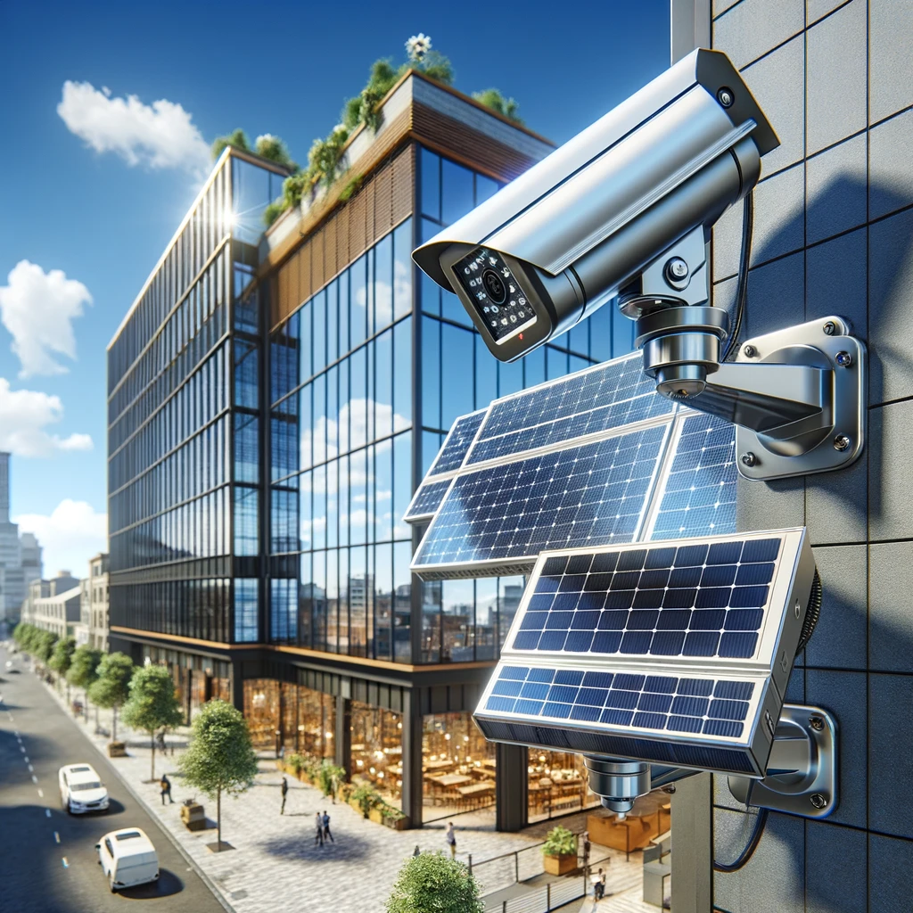 solar-powered CCTV cameras installed on the exterior of a modern building - security companies