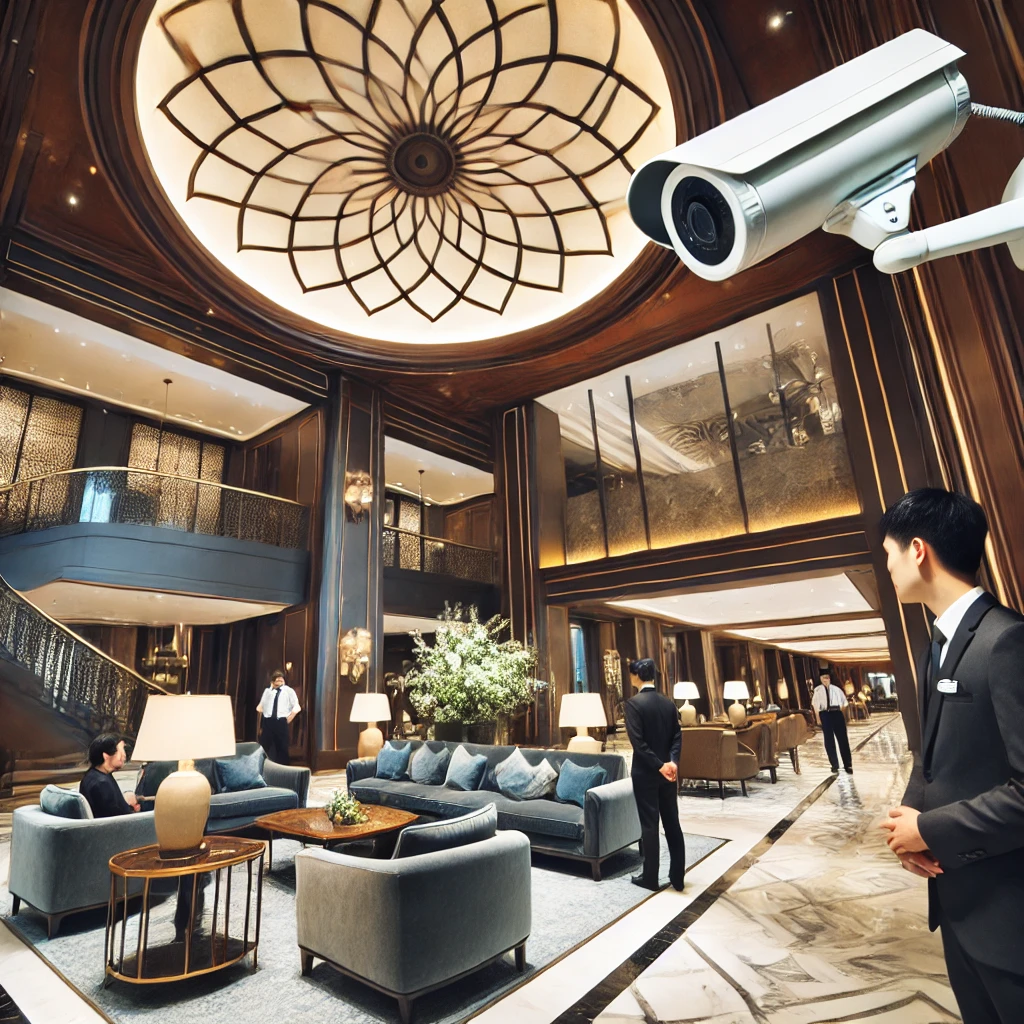 security services - hotel lobby with CCTV cameras and security personnel
