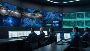 security services - high-tech control room with multiple screens displaying surveillance footage