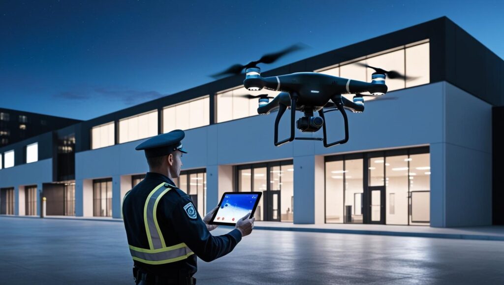 security services - drone hovering over a large commercial property at night