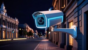 security services in cape town - high-tech AI security camera scanning a Cape Town city street at night