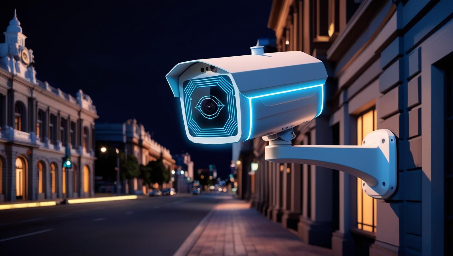 security services in cape town - high-tech AI security camera scanning a Cape Town city street at night