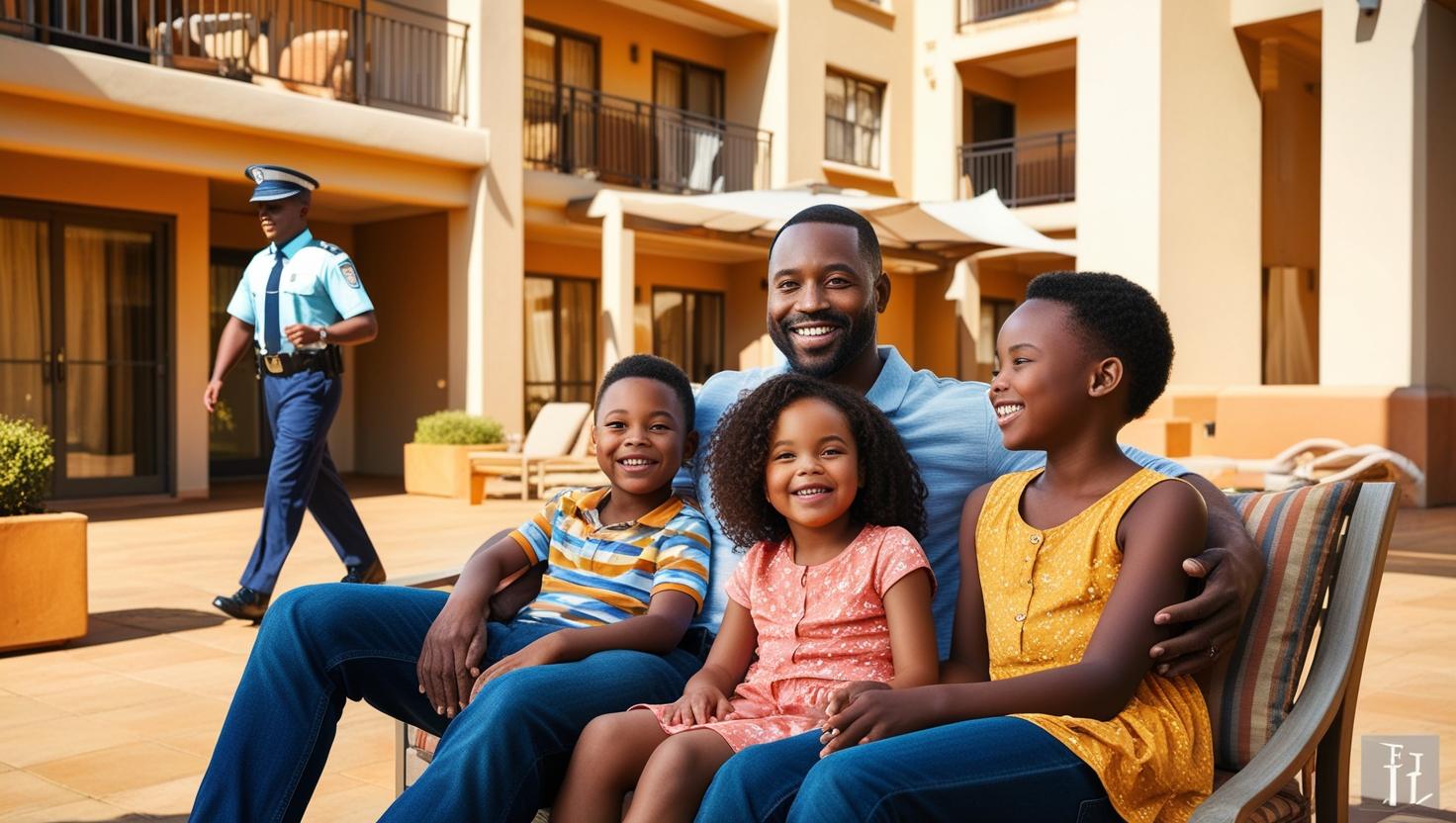 family in a residential complex with visible security guards