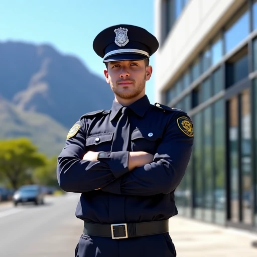 security guard standing outside a modern building