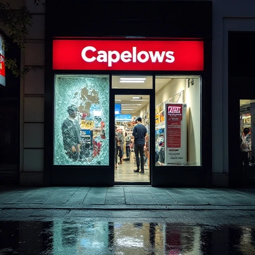 security guard - retail store at night with a shattered window