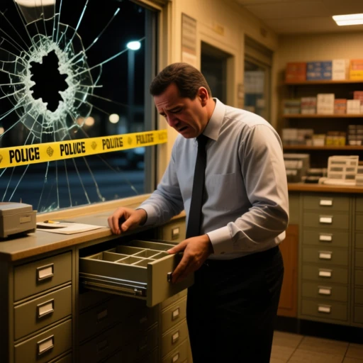 security guard service - stressed owner in shop with smashed window and police tape