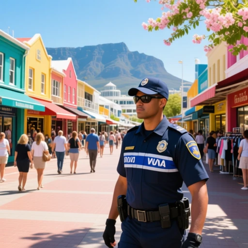 Professional security guards patrolling bustling store fronts in spring