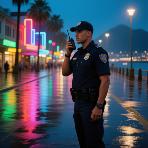security guard company - evening patrol along a busy promenade