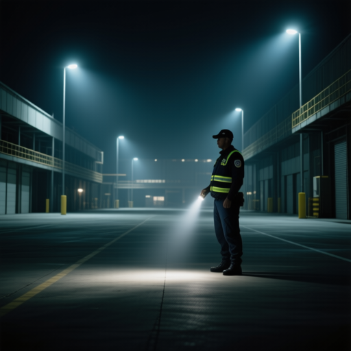 security guard company - gard patrolling empty industrial park at night