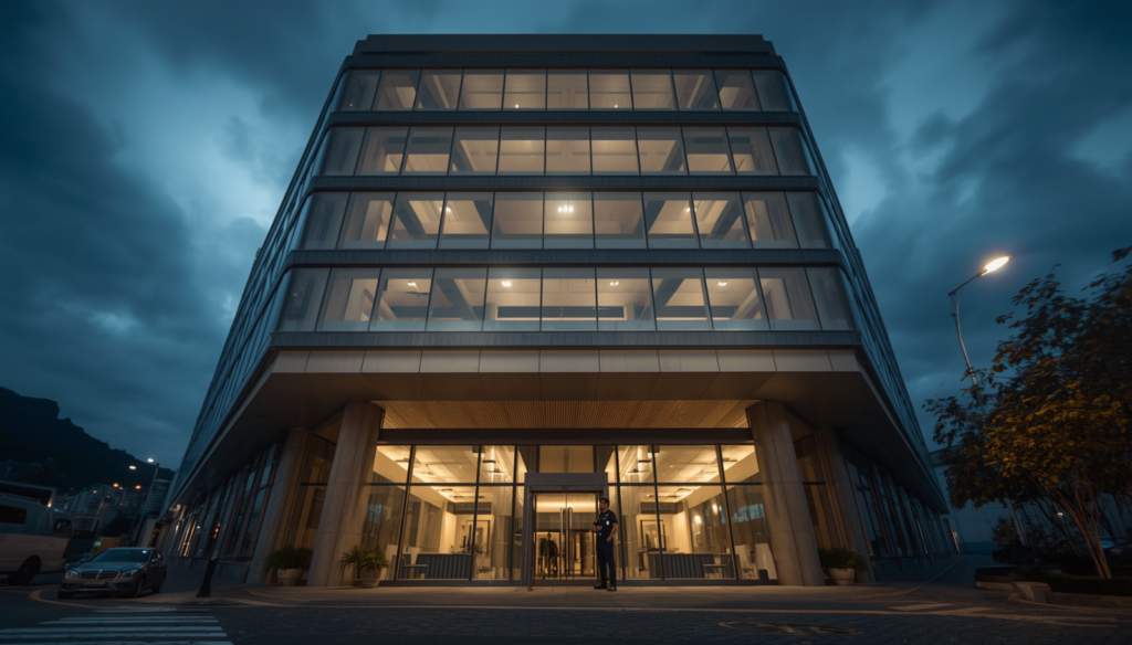 commercial office building with security guards at the entrance