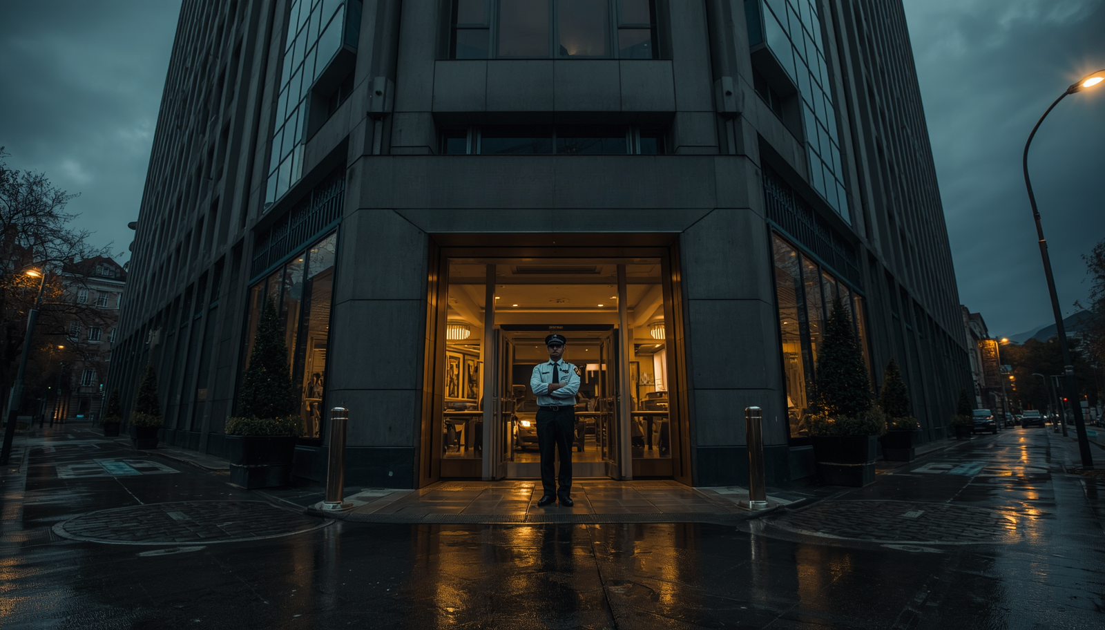 security guard service - guard standing outside building