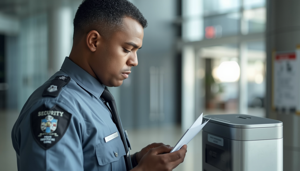 security guards checking documents at a building access control point