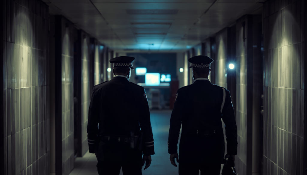 security guards conducting nighttime building inspection